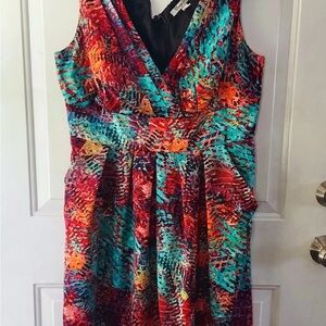 Corey P Retro Print Multi Color Knee Length A Line Vegan Suede Dress SZ 16